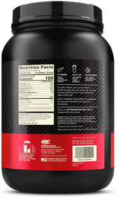 زجاجة من SAUDI SHARK Optimum Nutrition Gold Standard 100% مسحوق بروتين مصل اللبن المعزول، الفراولة اللذيذة، وزنها 2 رطل، على خلفية بيضاء.